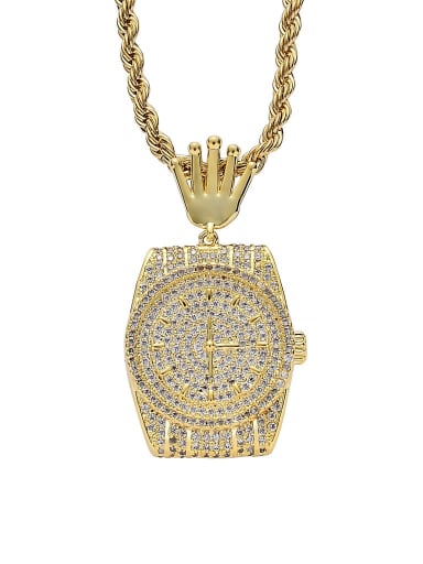 Gold+ stainless steel twist chain Brass Cubic Zirconia Geometric Dial Hip Hop Necklace