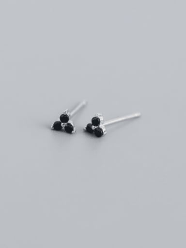 White Gold +Black Stone 925 Sterling Silver Rhinestone White Clover Trend Stud Earring