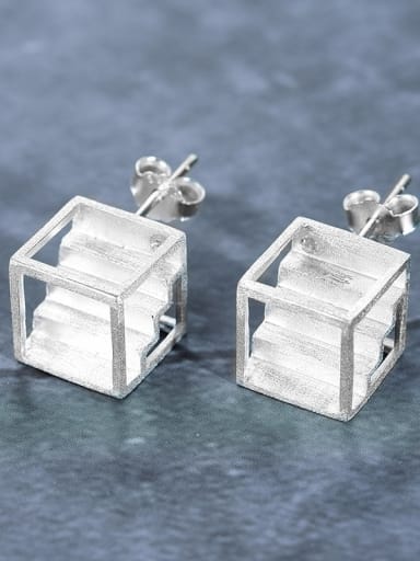 silver 925 Sterling Silver Geometric Architectural Staircase Zircon Artisan Stud Earring
