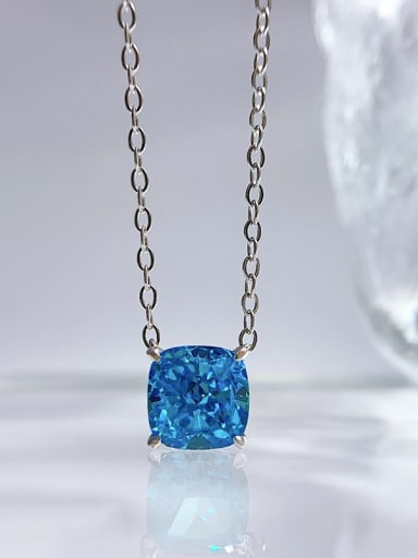 N217 Sea Blue 925 Sterling Silver High Carbon Diamond Square Dainty Necklace
