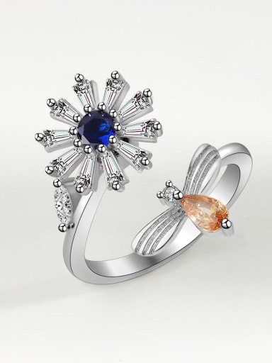 Platinum (blue ) 925 Sterling Silver Cubic Zirconia Flower Minimalist Band Ring