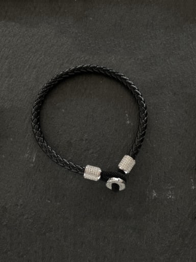 925 Sterling Silver High Carbon Diamond Artificial Leather Geometric Hip Hop Handmade Weave Bracelet