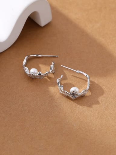 E2632 Platinum 925 Sterling Silver Imitation Pearl Geometric Minimalist Stud Earring