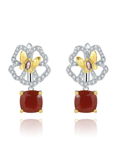 Red Agate Earrings 925 Sterling Silver Natural  Topaz Flower Luxury Drop Earring