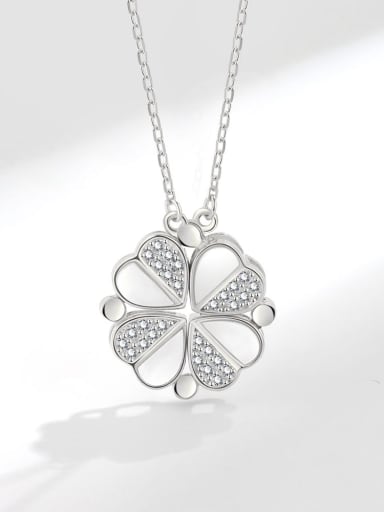 Platinum 925 Sterling Silver Shell Clover Dainty Necklace