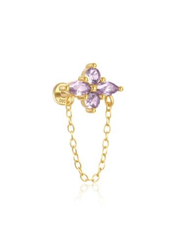 Single Golden Purple Diamond 925 Sterling Silver Cubic Zirconia Clover Tassel Dainty Single Earring