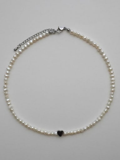 Steel Love Necklace 38 +5cm Titanium Steel Imitation Pearl Heart Bohemia  Handmade Beaded Necklace