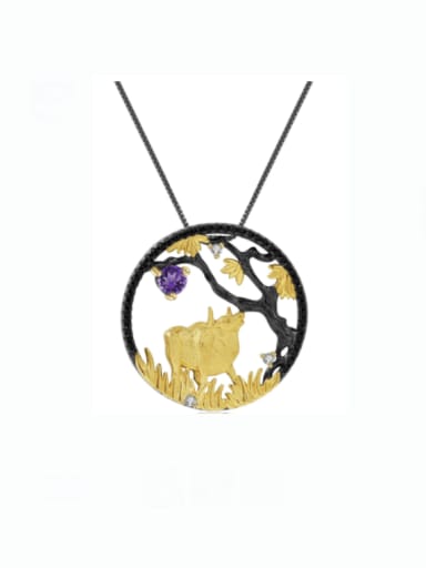 925 Sterling Silver Natural Stone Zodiac Cow Ethnic Necklace