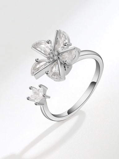 Platinum 925 Sterling Silver Cubic Zirconia Flower Minimalist Band Ring
