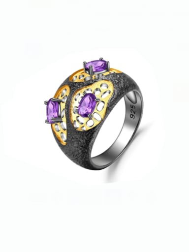 925 Sterling Silver Amethyst Geometric Vintage Band Ring