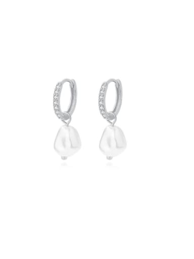 E2422 Platinum 925 Sterling Silver Freshwater Pearl Geometric Minimalist Huggie Earring