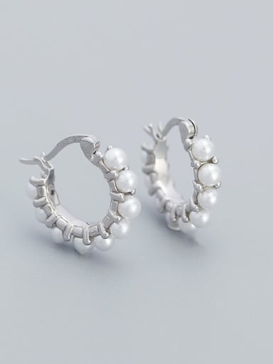 Platinum 925 Sterling Silver Imitation Pearl Geometric Minimalist Huggie Earring