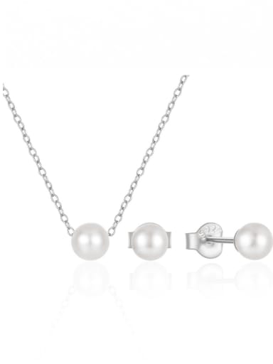 Platinum 925 Sterling Silver Imitation Pearl Minimalist Round  Earring and Necklace Set