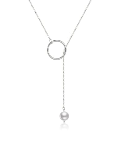 platinum 925 Sterling Silver Imitation Pearl Round Dainty Lariat Necklace