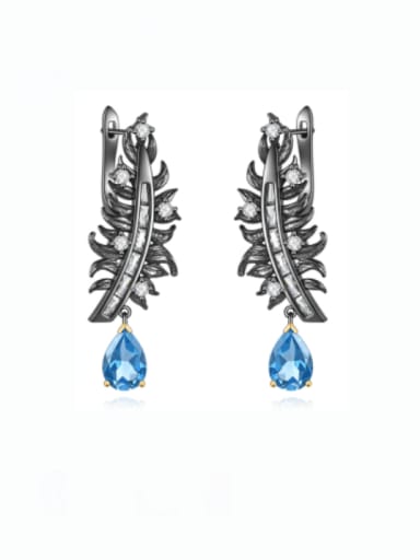 Swiss Blue topA Stone Earrings 925 Sterling Silver Natural Color Treasure Leaf Vintage Drop Earring