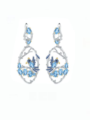 925 Sterling Silver Swiss Blue Topaz Bird Luxury Chandelier Earring