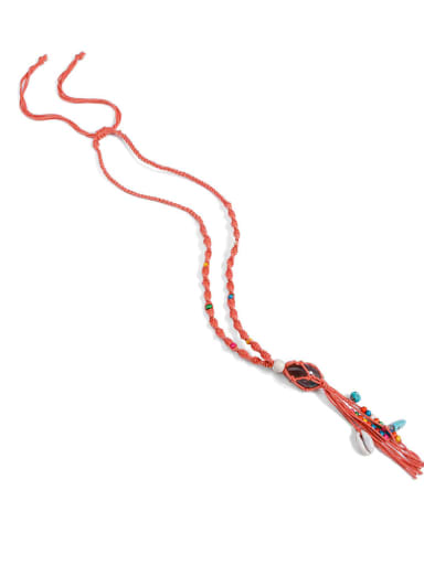 N70252 Bead Cotton Rope Stone Tassel Hand-Woven Artisan Lariat Necklace