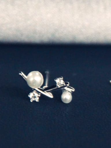White gold pair 925 Sterling Silver Imitation Pearl Tree Trend Stud Earring