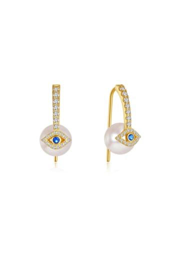 golden 925 Sterling Silver Freshwater Pearl Evil Eye Minimalist Hook Earring