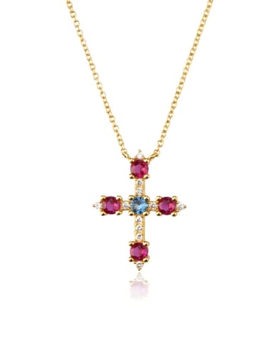 Platinum, Red and Blue Necklace 925 Sterling Silver Cubic Zirconia Cross Dainty Regligious Necklace