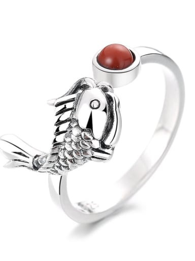 925 Sterling Silver Carnelian Fish Vintage Band Ring