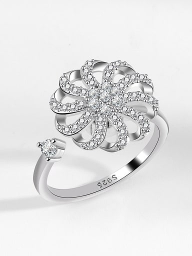 Platinum 925 Sterling Silver Cubic Zirconia Rotate Flower Hip Hop Band Ring