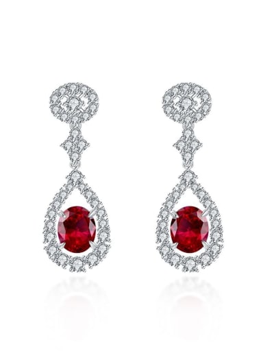 Red corundum [E 0241] 925 Sterling Silver High Carbon Diamond Water Drop Luxury Cluster Earring