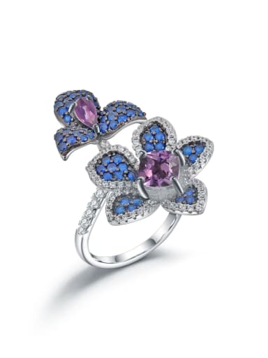 925 Sterling Silver Natural Stone Flower Luxury Band Ring