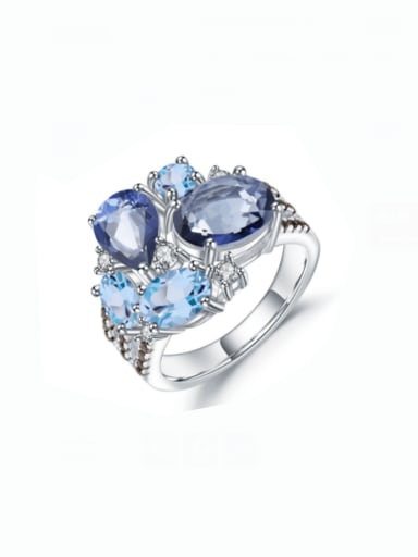 Cordierite Blue Crystal Topaz 925 Sterling Silver Natural Stone Irregular Luxury Band Ring
