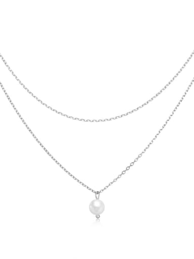 Platinum 925 Sterling Silver Imitation Pearl Geometric Minimalist Multi Strand Necklace