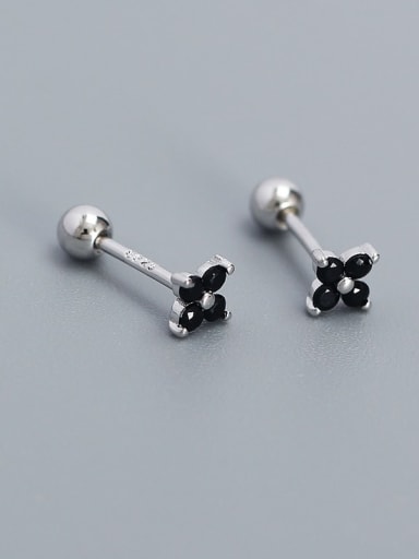 White gold+ black stone 925 Sterling Silver Cubic Zirconia Flower Dainty Stud Earring