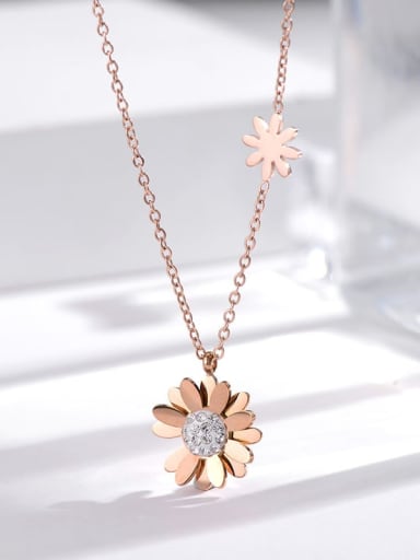 White  Little Daisy Rose Gold Titanium Steel Cubic Zirconia Flower Minimalist Necklace