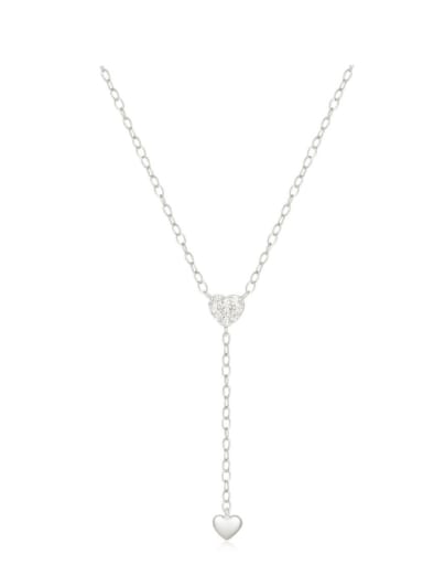 Platinum 925 Sterling Silver Cubic Zirconia Heart Tassel Minimalist Lariat Necklace