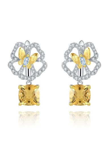 Natural yellow crystal earrings 925 Sterling Silver Natural  Topaz Flower Luxury Drop Earring