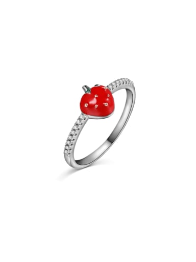 DY121049 S W WH 925 Sterling Silver Enamel Cubic Zirconia Friut Strawberry Minimalist Band Ring