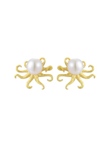 925 Sterling Silver Exaggerated personality creative pearl octopus Artisan Stud Earring