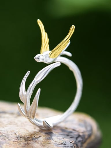 925 Sterling Silver Asymmetrical ancient style and fragrant swallow willow Ethnic Band Ring