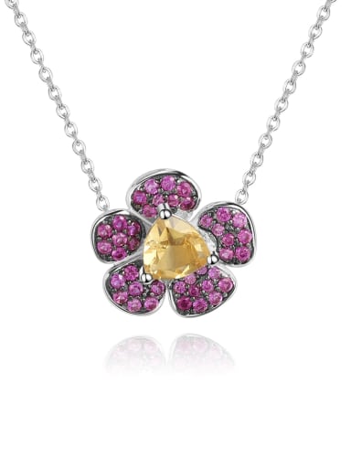 Natural yellow crystal pendant Necklace 925 Sterling Silver Amethyst Flower Vintage Necklace