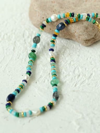 Blue necklace 38+ 5cm Titanium Steel Natural Stone Multi Color Geometric Bohemia Beaded Necklace