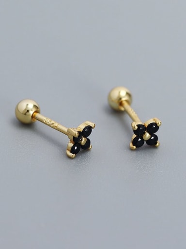 Golden +black stone 925 Sterling Silver Cubic Zirconia Flower Dainty Stud Earring