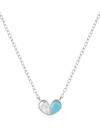 White gold+white + turquoise 925 Sterling Silver Cubic Zirconia Heart Minimalist Necklace