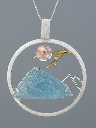 silver 925 Sterling Silver Ancient style bird singing and floral fragrance aquamarine rough stone Artisan Pendant