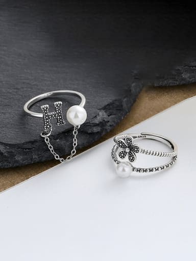 925 Sterling Silver Imitation Pearl Flower Vintage Stackable Ring