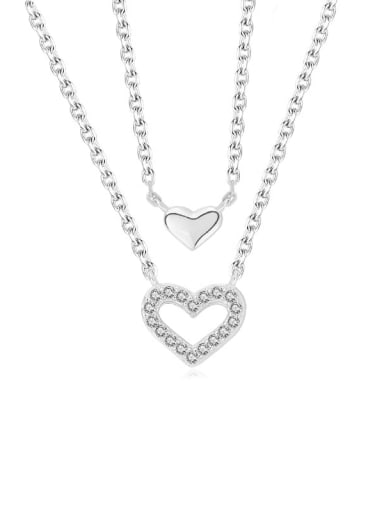 A2886 Platinum 925 Sterling Silver Cubic Zirconia Heart Minimalist Multi Strand Necklace
