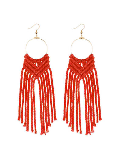 E68734 red Alloy cotton hand-woven tassel bohemian Hand-woven  drop earrings