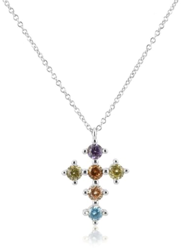 Platinum Rainbow 925 Sterling Silver Cubic Zirconia Cross Minimalist Necklace