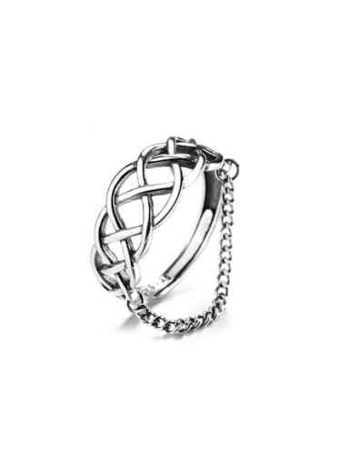 925 Sterling Silver Geometric HolloW Weave Chain Tassel Vintage Ring