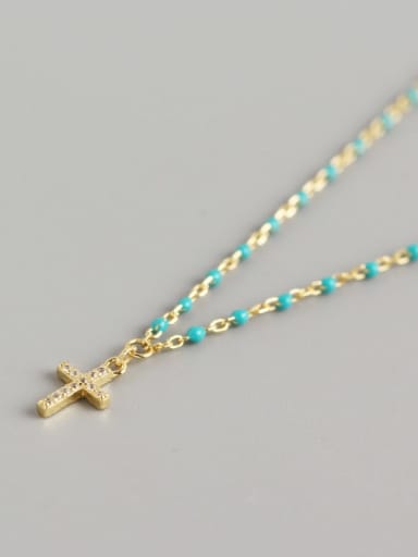 Gold (Turquoise) 925 Sterling Silver Cubic Zirconia Cross Vintage Necklace
