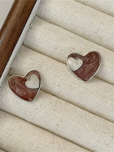 925 Sterling Silver Cubic Zirconia Enamel Heart Vintage Stud Earring