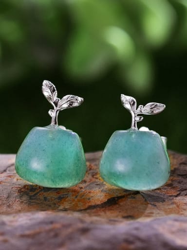 silver 925 Sterling Silver Natural Stone Grass sprouting aventurine Artisan Stud Earring